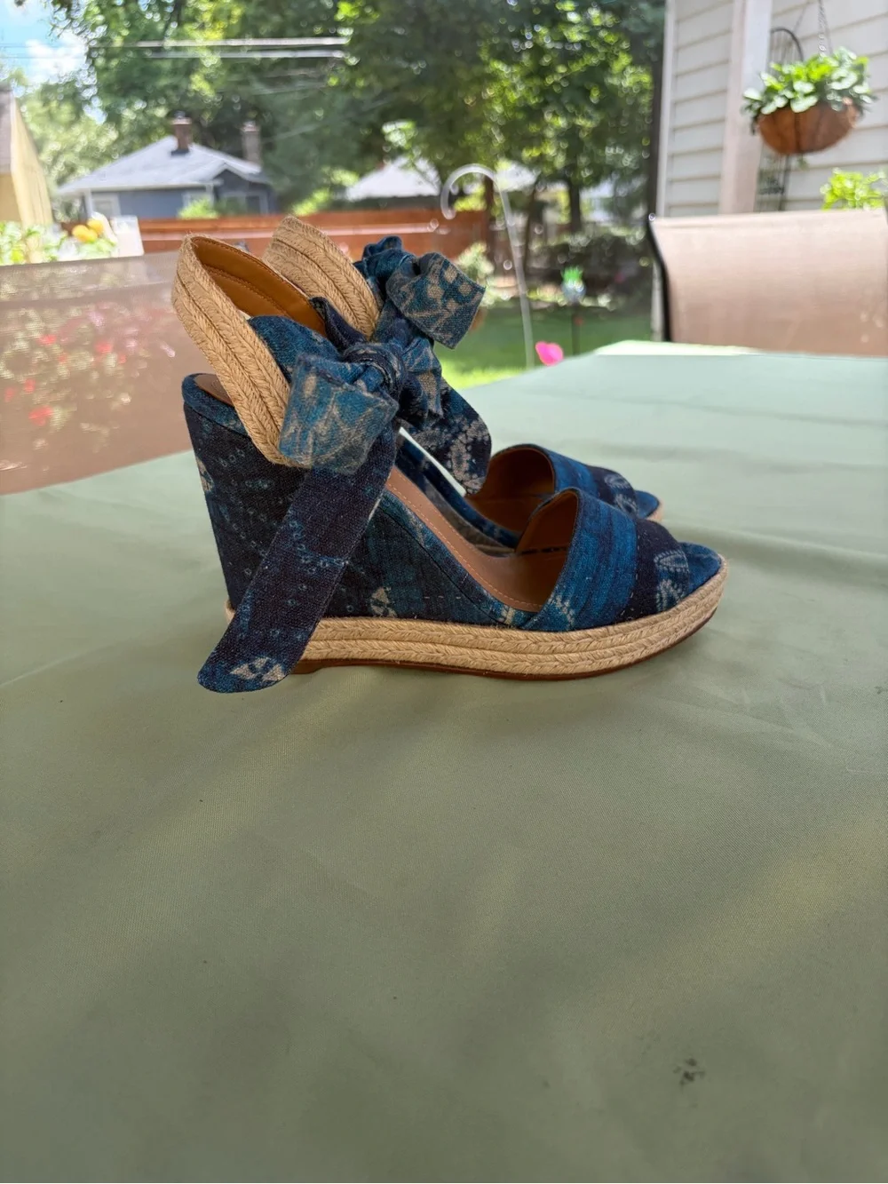 Polo by Ralph Lauren Blue Patterned Espadrille Wedge Sandals with Ankle Ties.